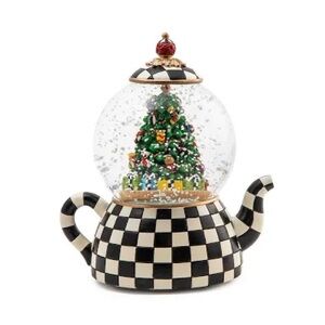 Mackenzie Childs Checkered musical Teapot Snow Globe Christmas Tree size 8x9.